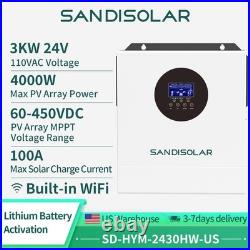 3000W 24V Solar Inverter Hybrid Off Grid 110V 100A MPPT Home Systems SANDISOLAR