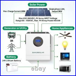 3000W 24V Solar Inverter Hybrid Off Grid 110V 100A MPPT Home Systems SANDISOLAR