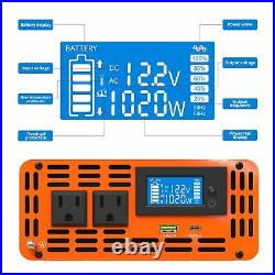 DATOUBOSS 1000With2000W Power Inverter Pure Sine Wave 12V dc to 110V ac LCD RV LCD
