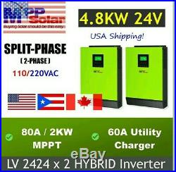 LV2424 Hybrid 2 x 2400W 24V 120V Solar Inverter Split Phase, incl parrallel kit