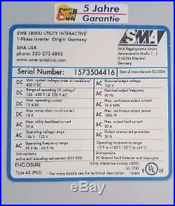 SMA Sunny Boy SWR-1800U 120V Grid Tie Inverter, 30 day Warranty. No LCD display