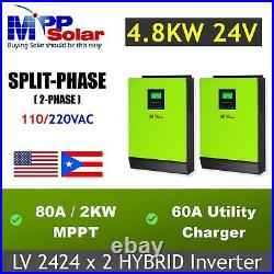 Split phase 4800w 24V 110/220vac 80A MPPT solar charger + battery charger 60a
