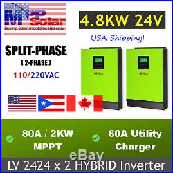 USA Stock. LV2424 Hybrid 2 x 2400W 24V 120V Solar Inverter Split Phase bundle