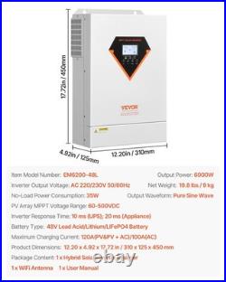 VEVOR 6000W Hybrid Solar Inverter 48V DC Pure Sine Wave 220V MPPT Off Grid New